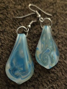 Murano Glass Blue and White Teardrop Earrings